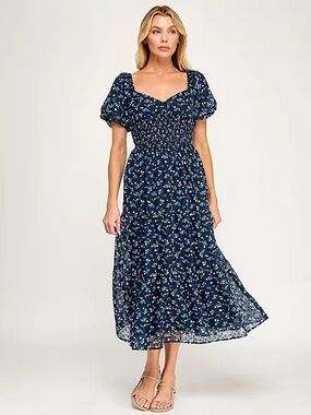 Trixxi Navy Floral Smocked Maxi Dress with Puff Sleeves